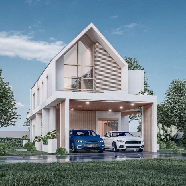 architectural 3d rendering illustration modern minimal house with garage natural scenery back 5