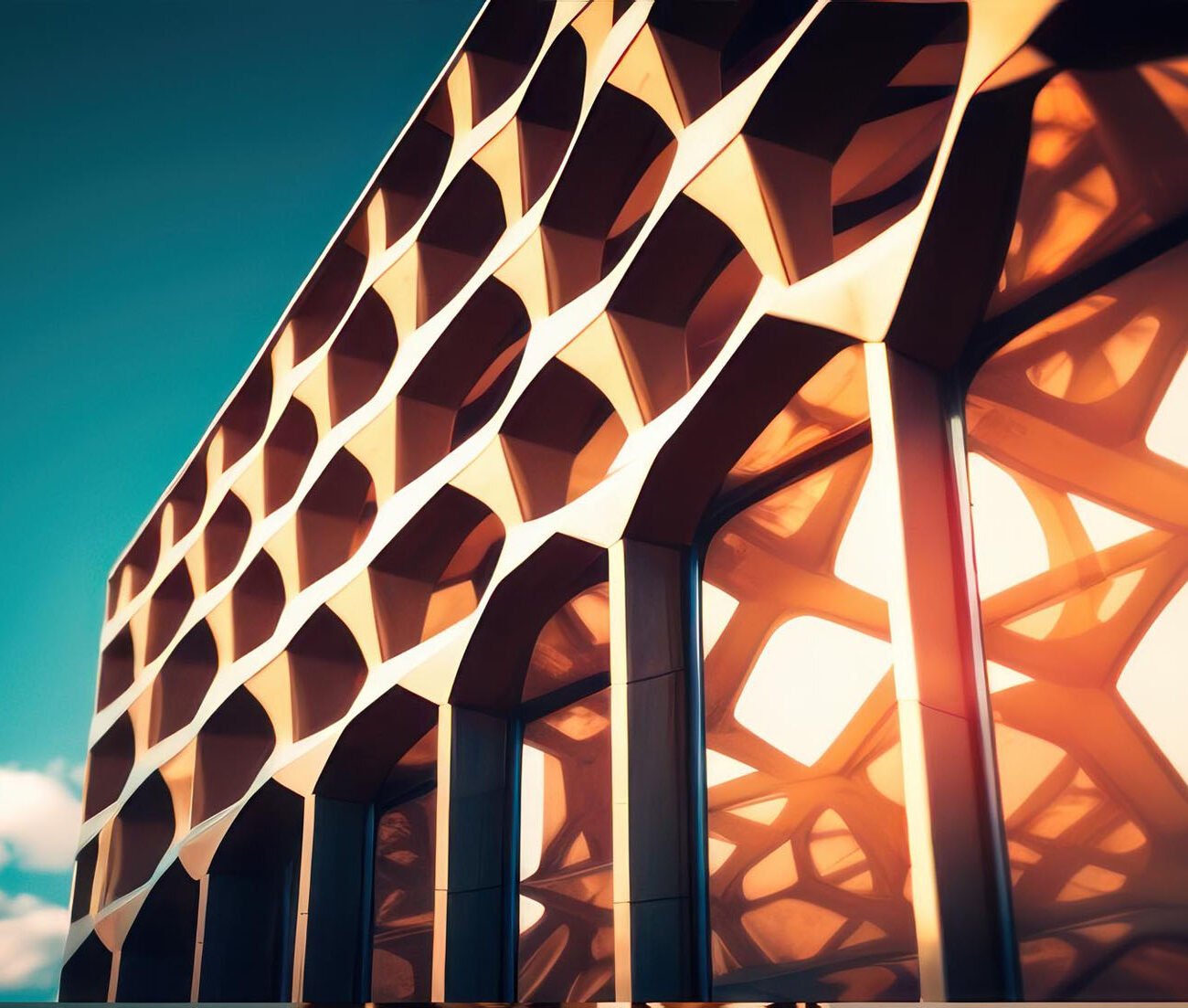 closeup facade modern building concept with glass panels with geometric overlays 1