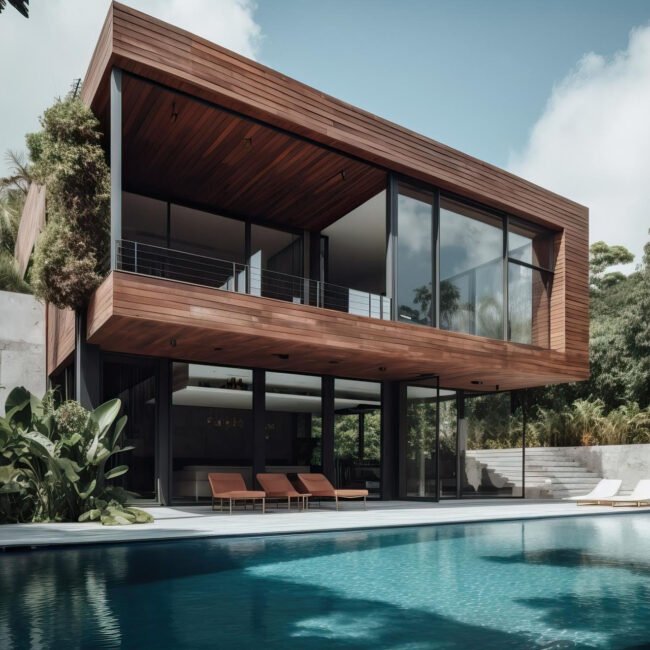 contemporary villa with wood concrete lush tropical garden generative ai copy