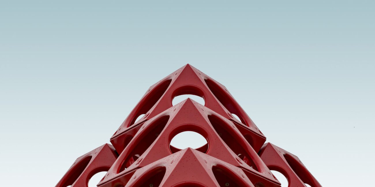 low angle red geometrical structure blue sky